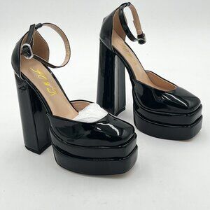 FOWT Black Platform Pumps Block Heel Super High Ankle Buckle Strap Sandals